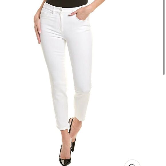 St John White Denim Pants with Silver Logo Button and Stretch Women’s Size 6 NWT